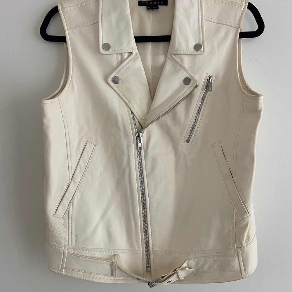 Theory Cream Leather Moto Vest with Asymmetrical Zip